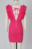 Розово-красное сексуальное однотонное обтягивающее платье с V-образным вырезом и асимметричным платьем Платья