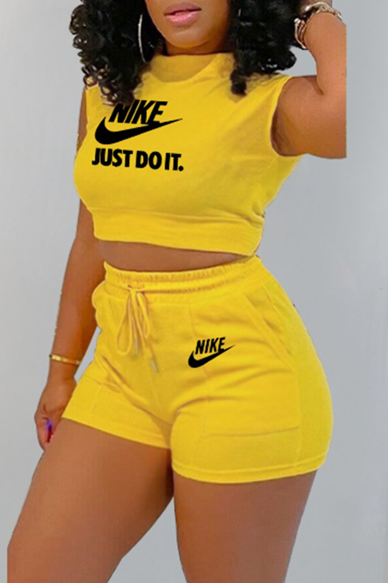 

Yellow Fashion Sportswear Print Letter O Neck Sleeveless Two Pieces