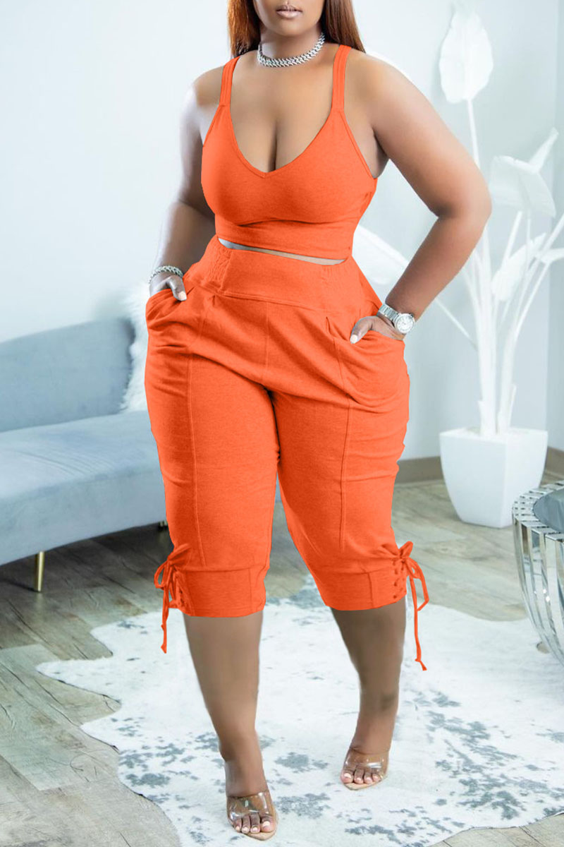 

Tangerine Red Sexy Solid Split Joint V Neck Two Pieces