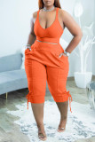 Tangerine Red Sexy Solid Patchwork V Neck Two Pieces