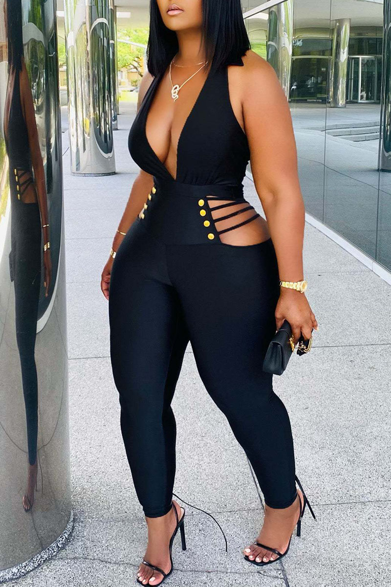 

Black Sexy Solid Hollowed Out Split Joint V Neck Regular Jumpsuits