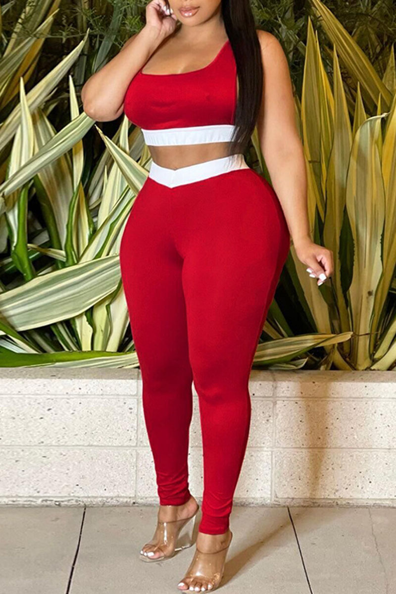 

Red Sexy Solid Hollowed Out Split Joint U Neck Sleeveless Two Pieces
