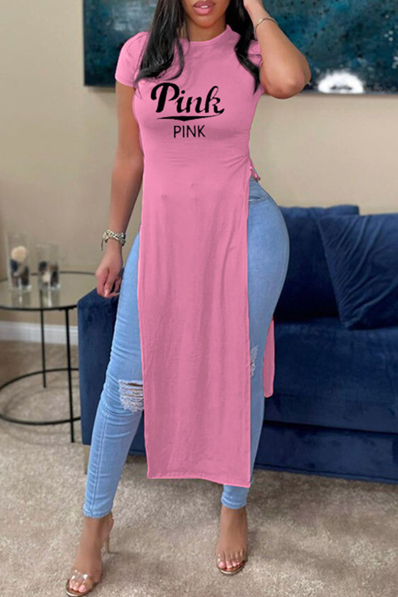 

Pink Casual Print Split Joint Slit O Neck T-Shirts