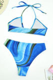 Blauwe Mode Sexy Print Bandage Uitgeholde Backless Swimwears Driedelige Set (Met Paddings)