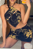 Gold Sexy Print Patchwork Halter Sleeveless Two Pieces