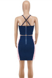 Baby Blue Fashion Sexy Plaid Patchwork Backless Asymmetrical Spaghetti Strap Sleeveless Two Pieces