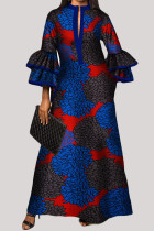 ブルーレッドファッションカジュアルプリントパッチワークVネック長袖ドレス