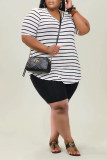 Black Casual Striped Print Patchwork V Neck Plus Size Two Pieces