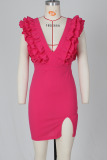 Rose Red Sexig Solid Stringy Selvedge V-hals Oregelbunden klänning Klänningar