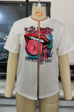 White Red Sexy Print Bandage Patchwork Slit T-Shirts