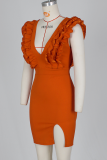 Orange Sexig Solid Stringy Selvedge V-hals Oregelbunden klänning Klänningar
