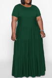グリーン カジュアル ソリッド パッチワーク Oネック ストレート プラスサイズ ドレス