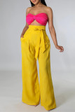 Calças largas de cintura alta amarelas moda casual atadura sólida regular
