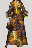 Oranjegroene mode-casual print-patchwork-jurken met V-hals en lange mouwen