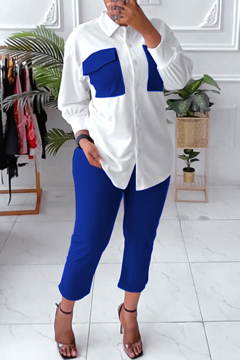 

Blue Fashion Solid Split Joint Turndown Collar Plus Size Two Pieces