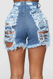White Sexy Street Solid Ripped Make Old Patchwork High Waist Denim Shorts