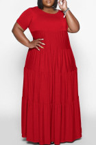Rode casual effen patchwork O-hals rechte jurken met grote maten