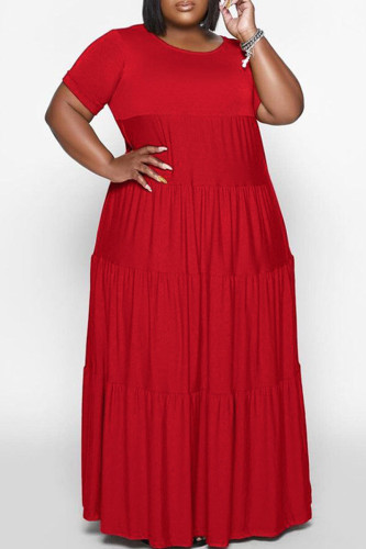 Red Casual Solid Split Joint O Neck Straight Plus Size Dresses