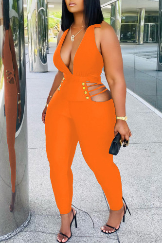 Tangerine Red Sexy Solid Hollowed Out Split Joint V Neck Regular Jumpsuits