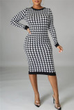 White Fashion Casual Print Patchwork Backless O Neck Long Sleeve Plus Size Dresses