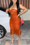 Оранжевое модное сексуальное однотонное платье без рукавов с кисточками и открытой спиной на бретельках