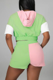Pink Green Casual Sportswear Print Patchwork Hooded Collar Short Sleeve Two Pieces