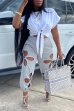 Grey Casual Solid Hollowed Out O Neck Short Sleeve Two Pieces Front Tie Crop Tops And Pants Sets
