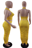 Абрикосовое сексуальное однотонное складное платье с лямкой на шее без рукавов из двух частей