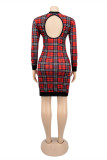 Red Fashion Casual Plaid Print Patchwork Backless O Neck Long Sleeve Plus Size Dresses