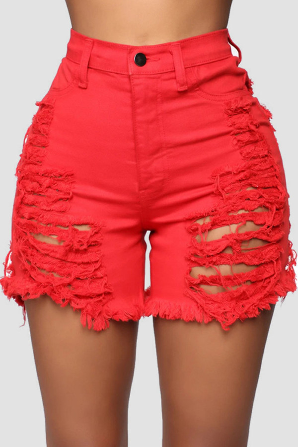 Pantalones cortos de mezclilla de cintura alta con retazos viejos rojos rasgados sólidos de calle sexy