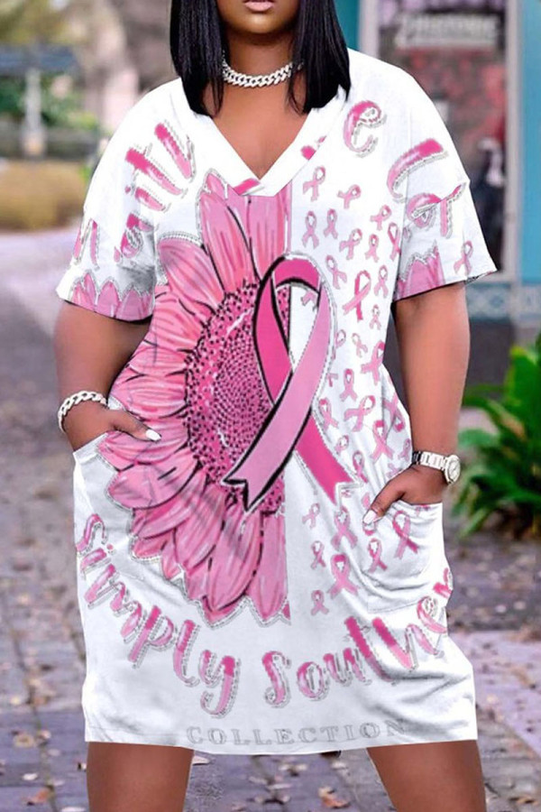 Светло-розовое модное повседневное базовое платье с v-образным вырезом и коротким рукавом с принтом