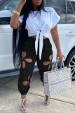 Black Casual Solid Hollowed Out O Neck Short Sleeve Two Pieces Front Tie Crop Tops And Pants Sets
