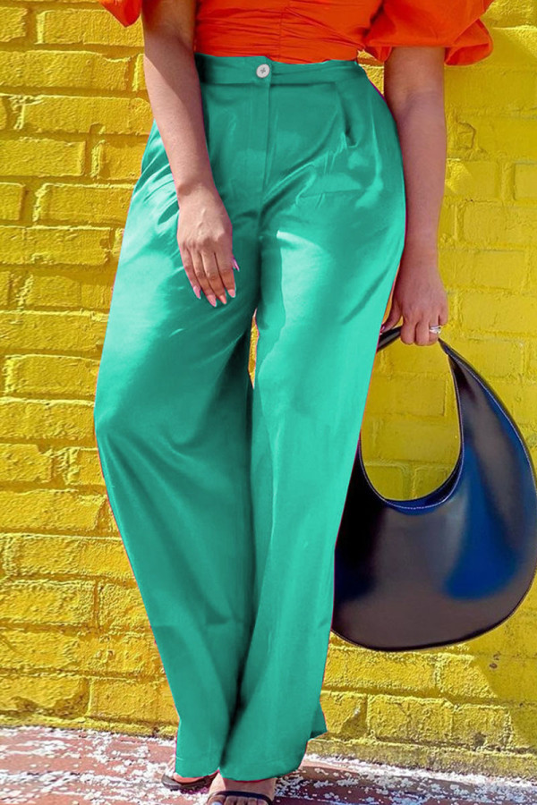 Green Casual Solid Patchwork Straight High Waist Straight Solid Color Bottoms