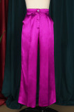 Rosarote, lässige, solide, gerade Patchwork-Hose mit hoher Taille und gerader, einfarbiger Hose