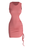 Pink Sexy Solid Hollowed Out O Neck Pencil Skirt Dresses