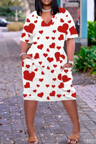 White Red Fashion Casual Plus Size Print Split Joint V Neck Short Sleeve Dress