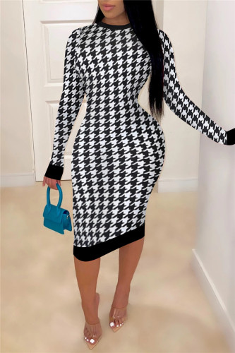 White Fashion Casual Print Split Joint Backless O Neck Long Sleeve Plus Size Dresses