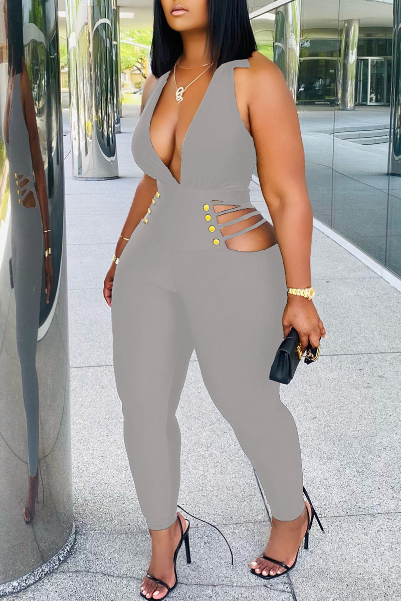 

Grey Sexy Solid Hollowed Out Split Joint V Neck Regular Jumpsuits