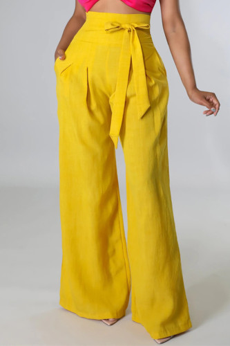 Yellow Fashion Casual Solid Bandage Regular High Waist Wide Leg Trousers