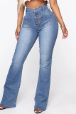 Donkerblauwe mode casual effen patchwork hoge taille regular denim jeans