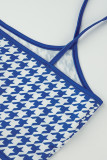 Синий сексуальный клетчатый принт в стиле пэчворк на тонких бретелях без рукавов из двух частей