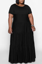 ブラックカジュアルソリッドパッチワークOネックストレートプラスサイズのドレス