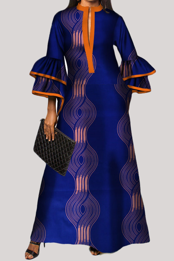 Donkerblauwe mode-casual print-patchwork-jurken met V-hals en lange mouwen