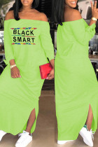 蛍光グリーンファッションカジュアルプリントオフショルダーワンステップスカートドレス