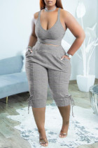 Grey Sexy Solid Patchwork V Neck Two Pieces