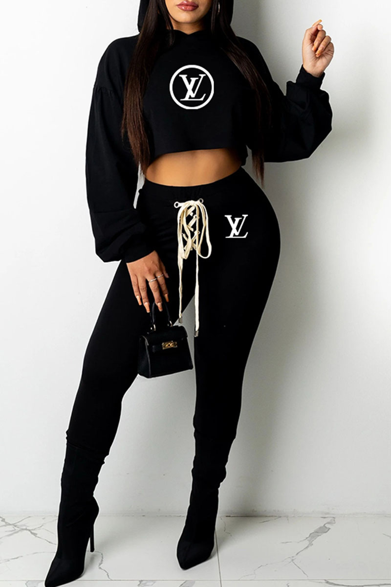 

Black Fashion Street Print Letter Hooded Collar Long Sleeve Two Pieces