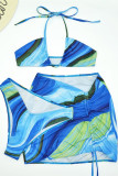Conjunto de tres piezas de trajes de baño sin espalda ahuecados con estampado sexy de moda azul (con rellenos)