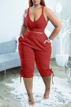 Red Sexy Solid Patchwork V Neck Two Pieces