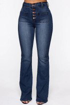 Dark Blue Fashion Casual Solid Patchwork High Waist Regular Skinny Denim Jeans