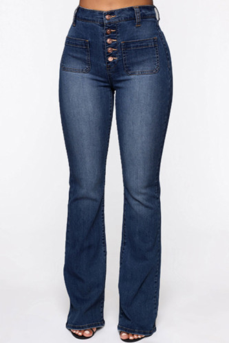 Dunkelblaue, modische, lässige, solide Patchwork-Jeans mit hoher Taille